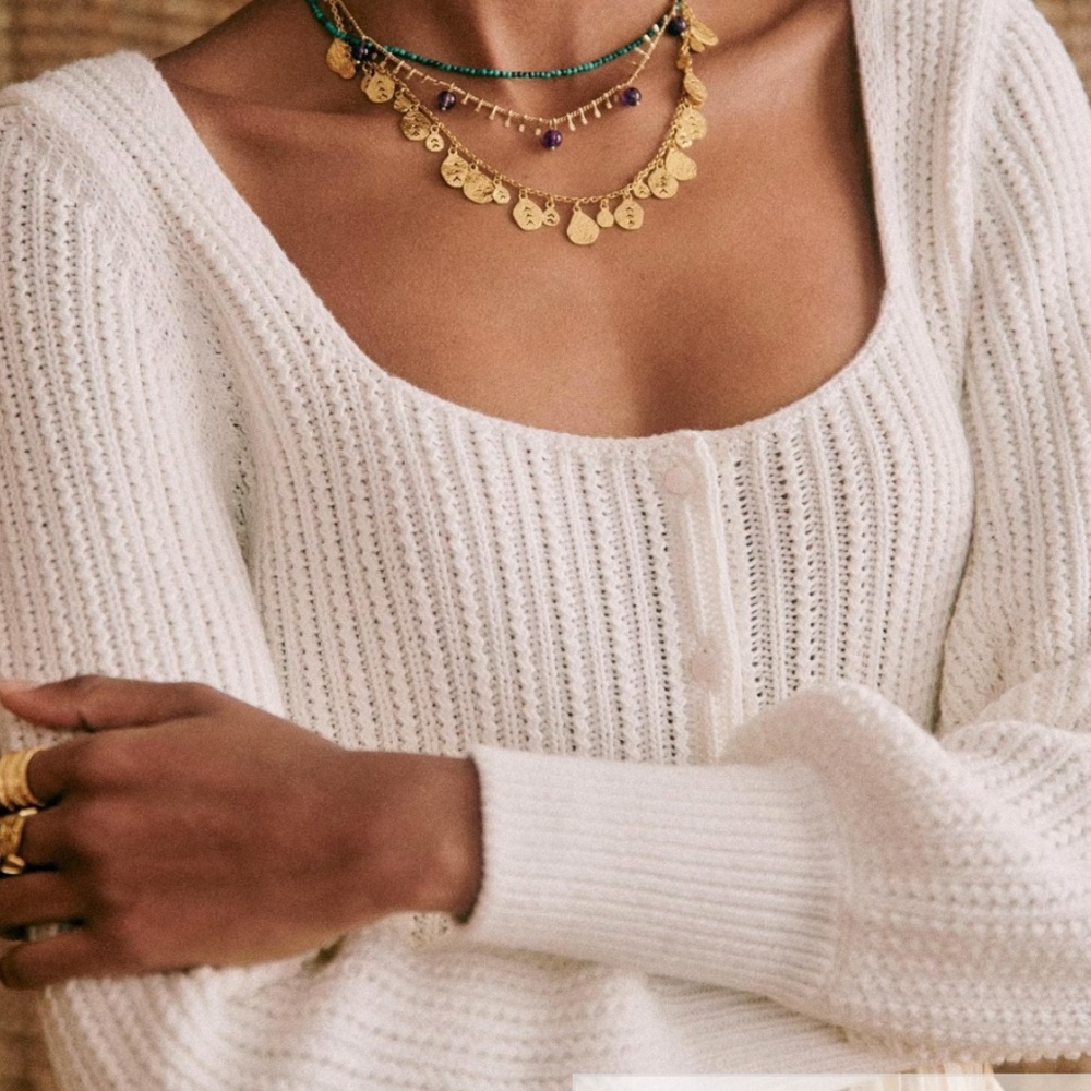 Sezane Cream Open-Knit Scoop Neck  Cardigan